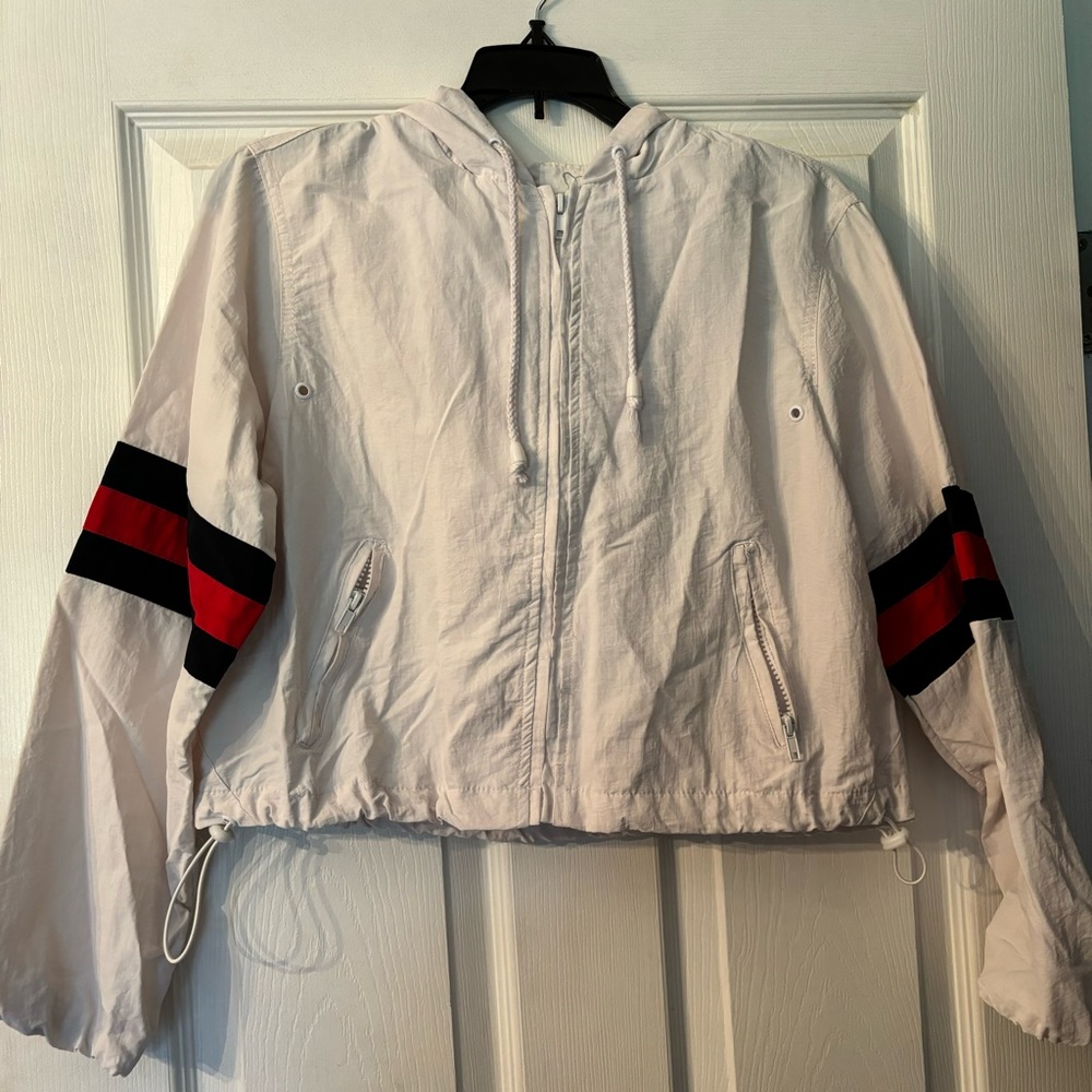 White cropped windbreaker zip up, women’s medium, loose fit, never worn.